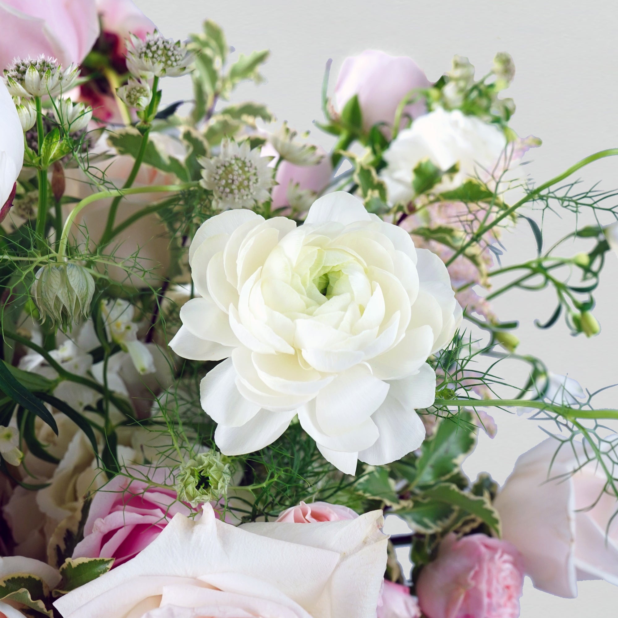Pastel fresh florals in pink and white, arranged in a bouquet
