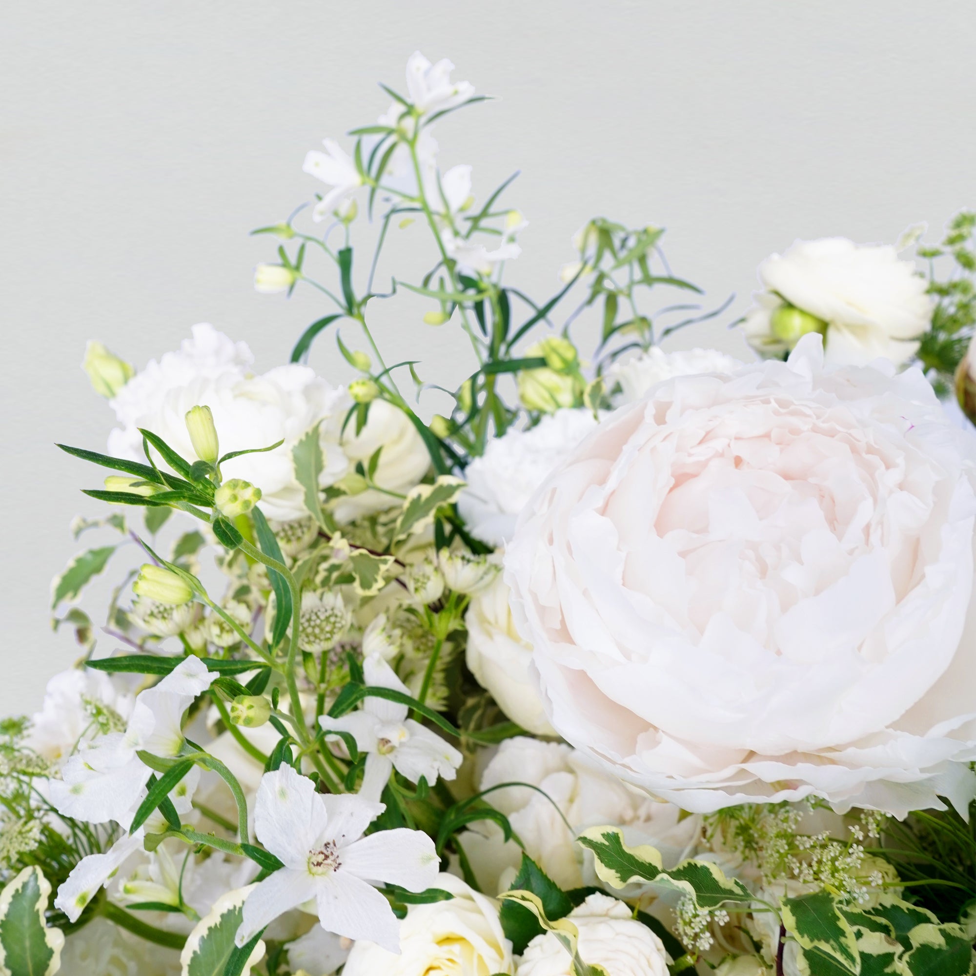 Fresh white and green florals arranged in a bouquet