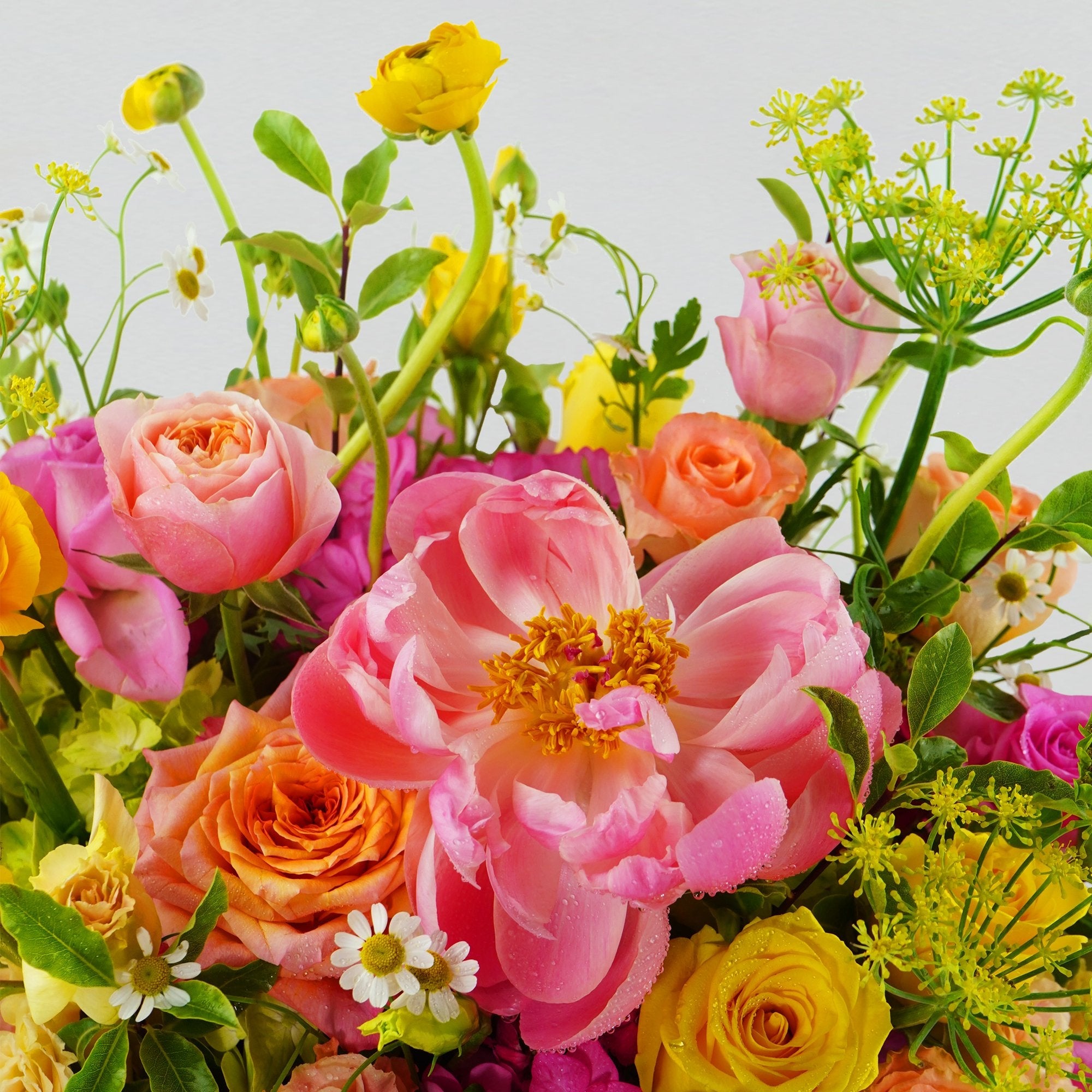 A bright selection of fresh florals arranged in a white round box